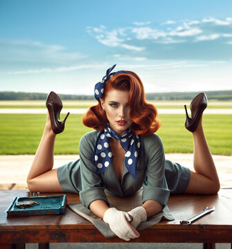 Sexy redhead model in grey suit dress with blue scarf laying on airfield bench with tools