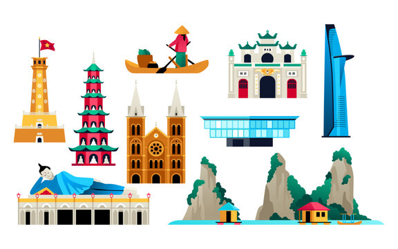 Sights of Vietnam - flat design style objects set. High quality colorful images of Flag tower in Hanoi, Bitexco tower, Thien Mu and Som Rong Pagoda, Notre Dame in Ho Chi Minh and Marble mountains