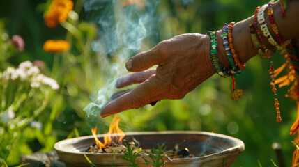 Obraz premium A shamans hand reaches for a bowl of burning herbs releasing a calming and grounding aroma into the air.