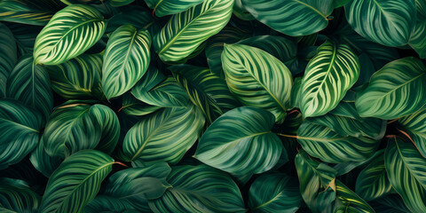 Tropical Calathea green leaves background, horizontal Top down view. close - up shot