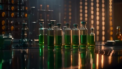 Row of Medical Bottles Filled With Green Liquid Generative AI