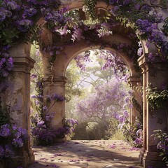 An archway adorned with purple flowers, creating a picturesque gateway to a realm of enchantment and beauty