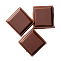 Three milk chocolate pieces isolated on white background. Top view