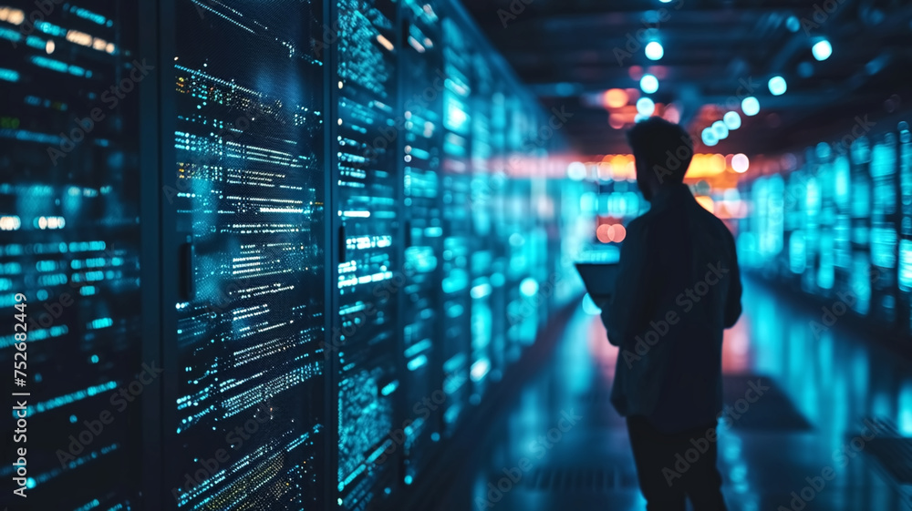 Poster a technician with a laptop stands in a data center aisle, surrounded by servers with blinking led li