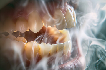 Smoker mouth with dental plaque covered with cigarette smoke closeup. Patient with bad teeth suffers from nicotine addiction. Health problems