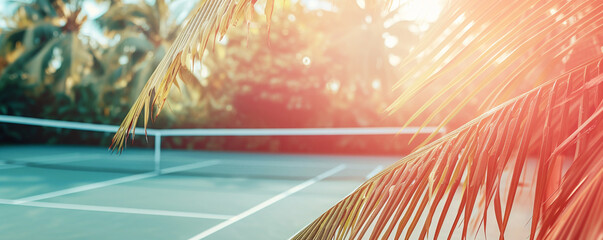 Spacious tennis court surrounded by tropical palm trees. Perfect sports area for energetic tennis match under warm summer sunlight - obrazy, fototapety, plakaty