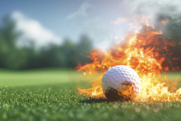 Golf ball engulfeGolf ball engulfed in flames at heart of golf course. Radiation of intense heat creates surreal juxtaposition against tranquil backdrop of fieldd in flames at heart of golf course - obrazy, fototapety, plakaty