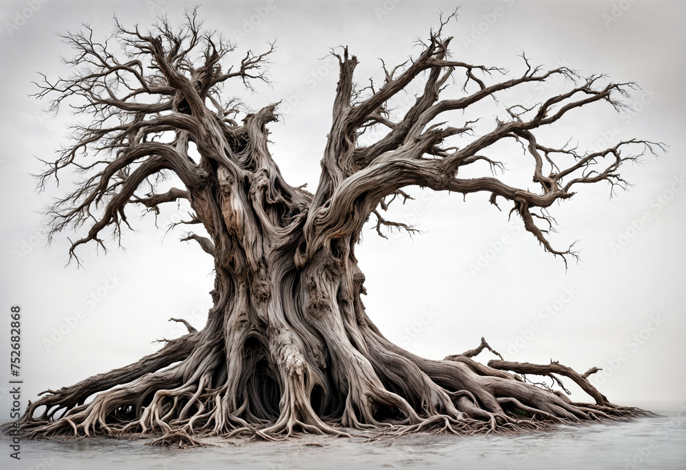 Poster a gnarled, dead tree with large roots sits in the center of the image. the tree has no leaves. the r