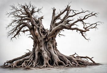 A gnarled, dead tree with large roots sits in the center of the image. The tree has no leaves. The...