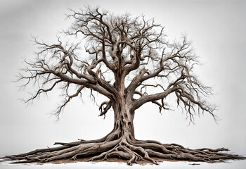 A bare, old tree with large roots sits against a white background.