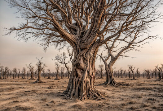 The image features a gnarled tree in a barren, dried-out field. The sky is a dusty pink, and the tree appears to be dead or in the midst of winter.