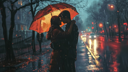 A romantic scene of a couple sharing a kiss under an orange umbrella on a rain-soaked street, illuminated by soft city lights at night.
