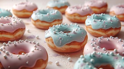 Artistic composition of pink and turquoise frosted doughnuts with sparkling sprinkles, suitable for creative bakery advertising and dessert blogs - obrazy, fototapety, plakaty