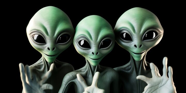 Three smiling aliens with gray-green skin and big eyes wave their hand in greeting against the backdrop of black space