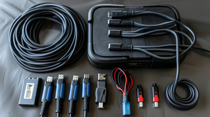 A set of tangled cords near a multiport universal battery charger with various adapters for different devices.