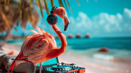 A DJ flamingo with headphone and dj box near sea shore a concept of summer party with a big space for text or product, Generative AI. - obrazy, fototapety, plakaty