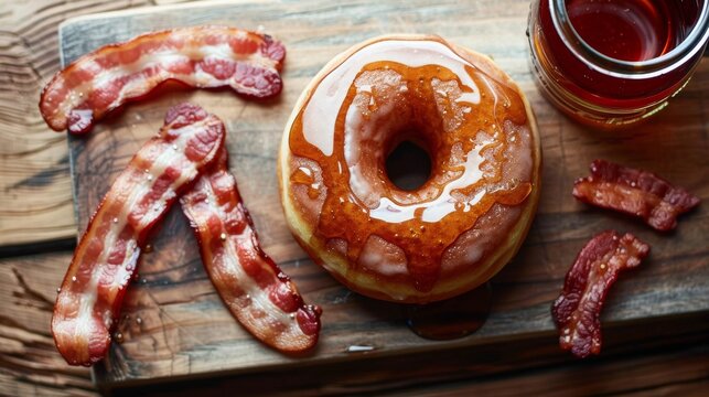 Maple Glazed Donut with Crispy Bacon Strips on a Wooden Serving Board, Ideal for Brunch
