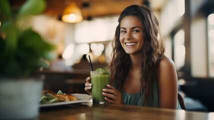 
A delightful girl with an infectious smile sipping on a refreshing green smoothie in a trendy cafe