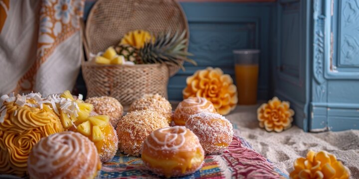 Exquisite gourmet donuts with mango and orange glaze on a blue rustic table with a background of vintage blue doors