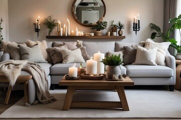 
"Experience warmth in a cozy living room adorned with a light gray sofa and flickering candles. Embrace comfort and relaxation."




