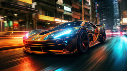 Visualize the sleek, futuristic car gracefully gliding through a bustling cityscape at night,...