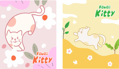 Kawaii Cats vector illustration  Smiling Kitty, cute and round-faced cat