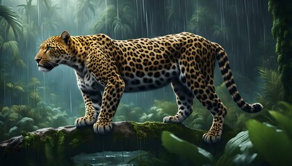 leopard in the rainy jungle - obrazy, fototapety, plakaty