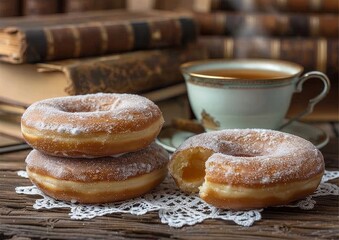 Delicious Donuts with a Sugar Dusting Served on Wooden Surface Accompanied by a Vintage Tea Cup, Ideal for Sweet Treats and Tea Time