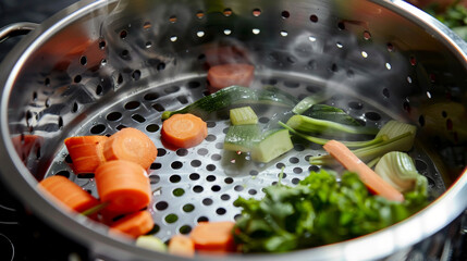 The inside of a vegetable steamer showing evenly spaced holes that allow the steam to circulate and cook vegetables to perfection. - obrazy, fototapety, plakaty