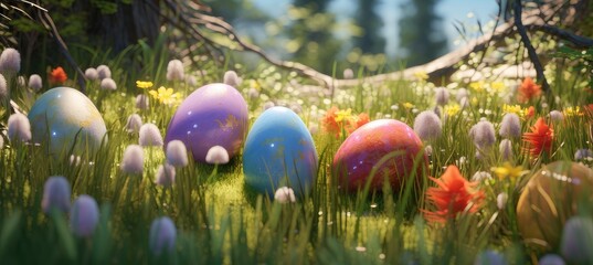 Easter landscape, bunnies with colorful eggs and daisy flower on meadow under beautiful sky.