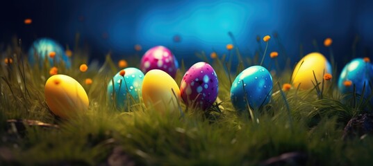 Obraz na płótnie Canvas Easter landscape, bunnies with colorful eggs and daisy flower on meadow under beautiful sky.