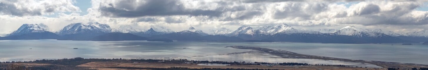Panoramic aerial sea landscape view of Homer Spit in Kachemak Bay in Alaska United States