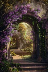 Obraz premium An archway adorned with purple flowers, creating a picturesque gateway to a realm of enchantment and beauty