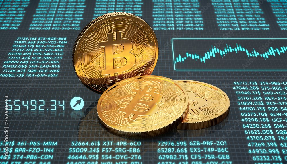 Poster illustation of three golden physical bitcoin coins. transactions and a candlestick chart can be seen