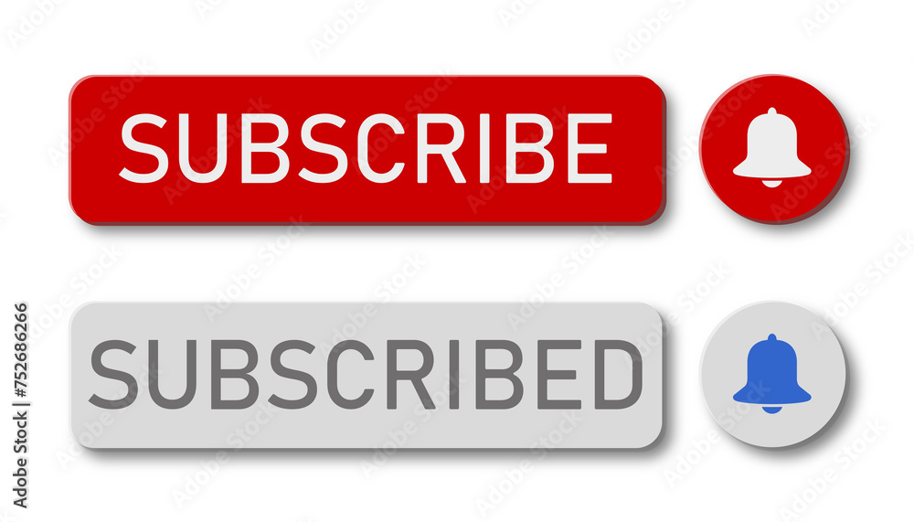 Poster illustration of red and gray buttons with subscribe, subscribed and notification bell buttons - isol