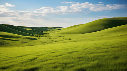 Rolling hills of vibrant green grass with a backdrop of a dramatic cloudy sky, depict a serene rural landscape.
