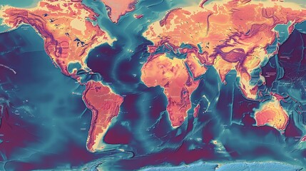 world map that show the progression of global warming. Red-colored areas indicate areas where temperatures are rising rapidly, and this highlights the effects of extreme weather - obrazy, fototapety, plakaty