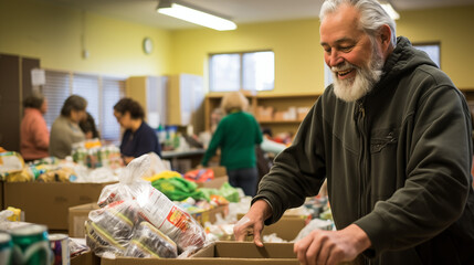 
In a modest community center, a middle-aged man with graying hair diligently organizes supplies, stacks of canned goods and water bottles filling the room - obrazy, fototapety, plakaty
