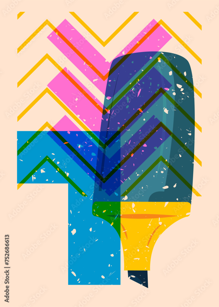 Poster risograph felt tip pen with geometric shapes. objects in trendy riso graph print texture style desig