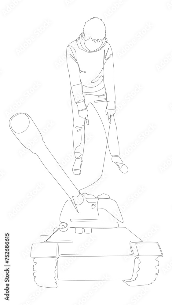 Aufkleber one continuous line of man pointing with finger at armored tank. thin line illustration vector conce