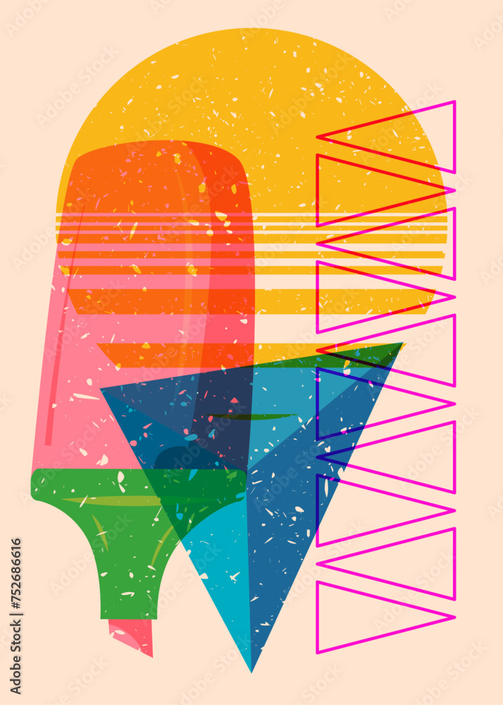 Poster risograph felt tip pen with geometric shapes. objects in trendy riso graph print texture style desig