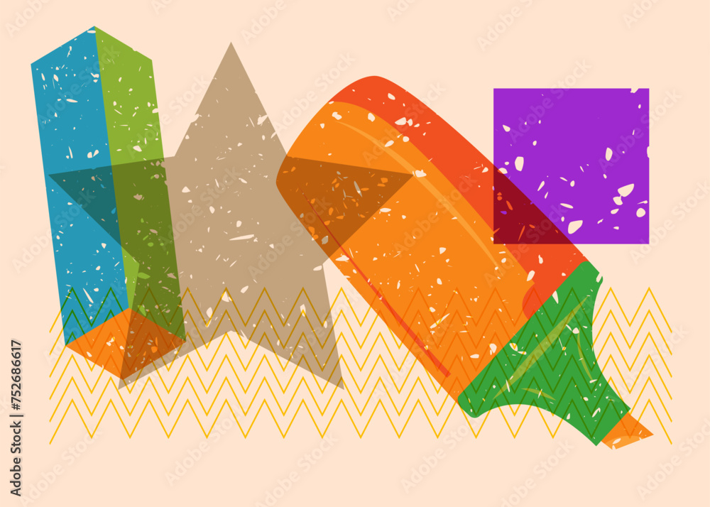 Poster risograph felt tip pen with geometric shapes. objects in trendy riso graph print texture style desig