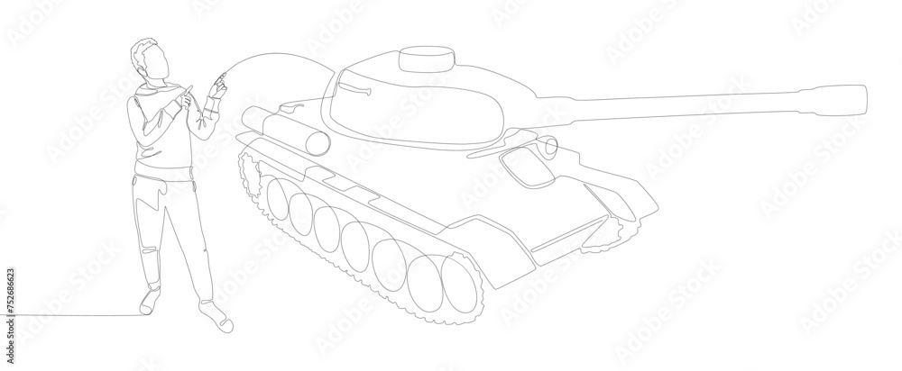 Poster one continuous line of man pointing with finger at armored tank. thin line illustration vector conce