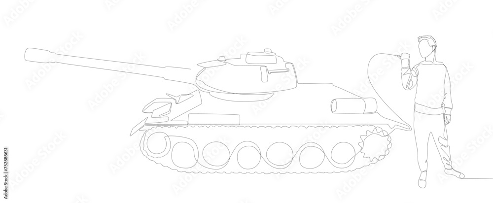 Poster one continuous line of man pointing with finger at armored tank. thin line illustration vector conce