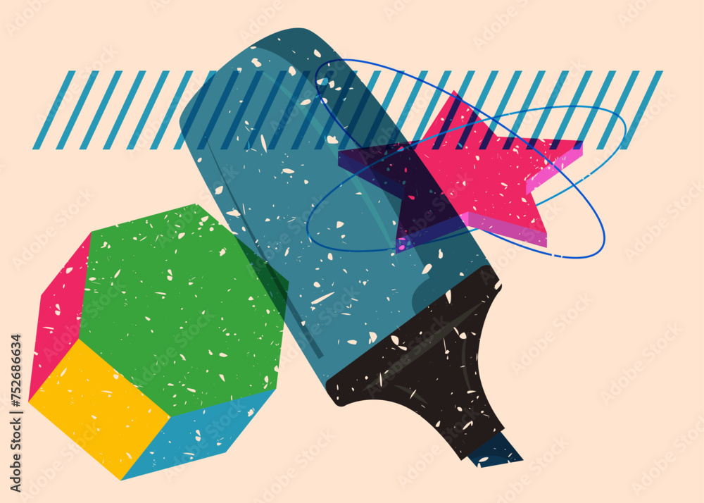 Poster risograph felt tip pen with geometric shapes. objects in trendy riso graph print texture style desig