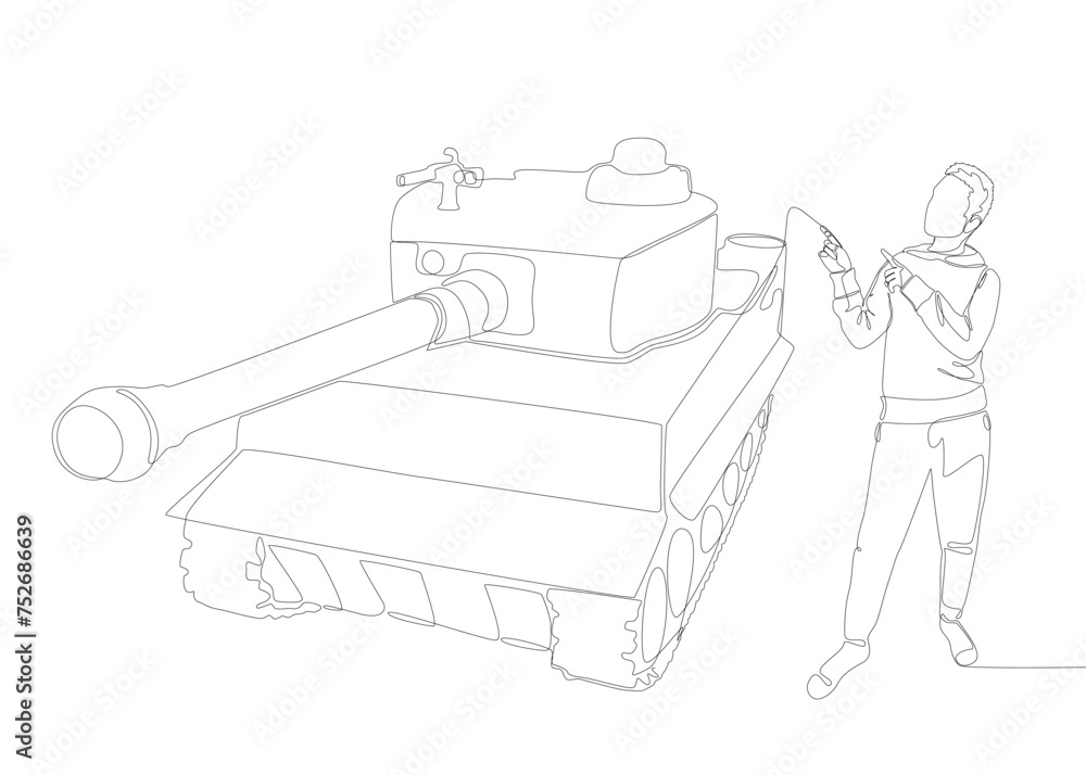 Poster one continuous line of man pointing with finger at armored tank. thin line illustration vector conce