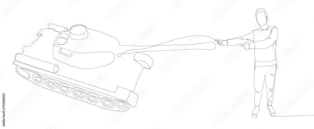Poster one continuous line of man pointing with finger at armored tank. thin line illustration vector conce