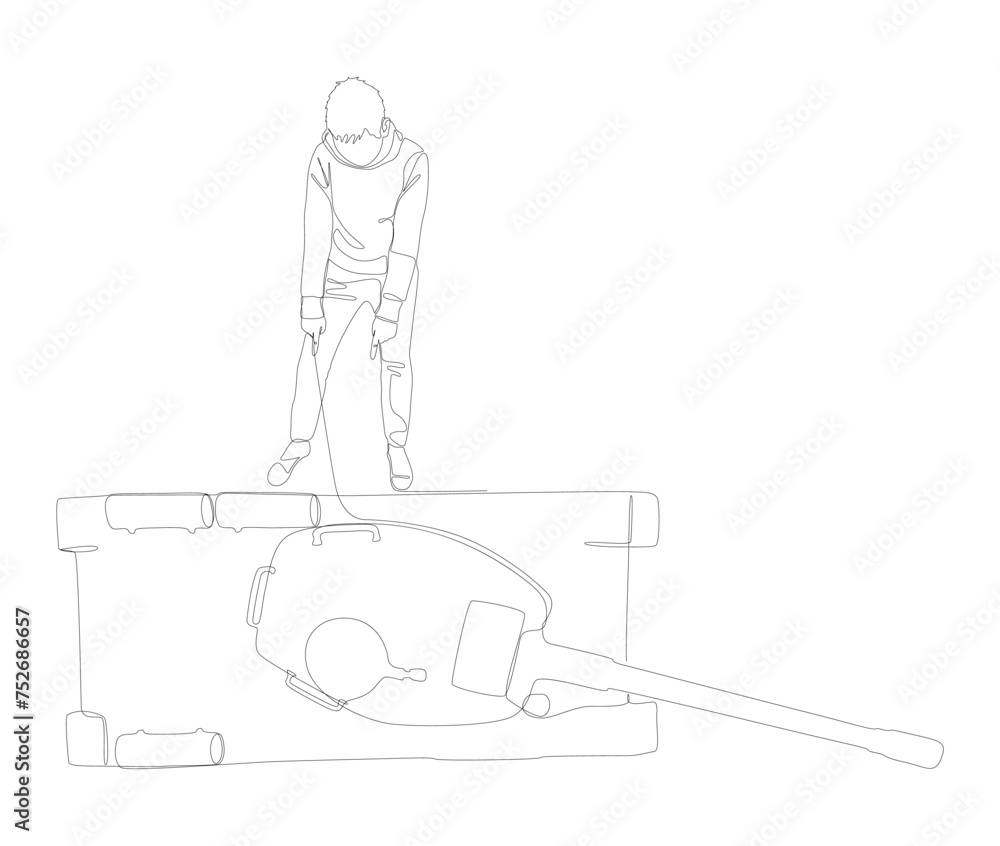 Poster one continuous line of man pointing with finger at armored tank. thin line illustration vector conce