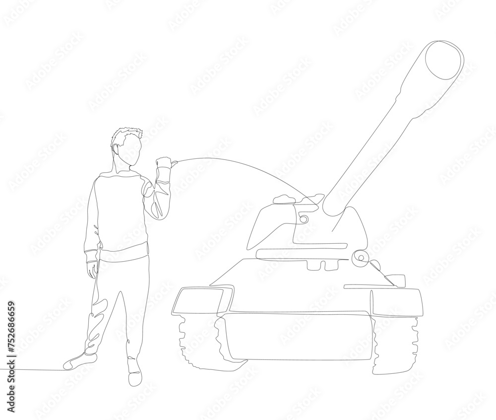 Aufkleber one continuous line of man pointing with finger at armored tank. thin line illustration vector conce