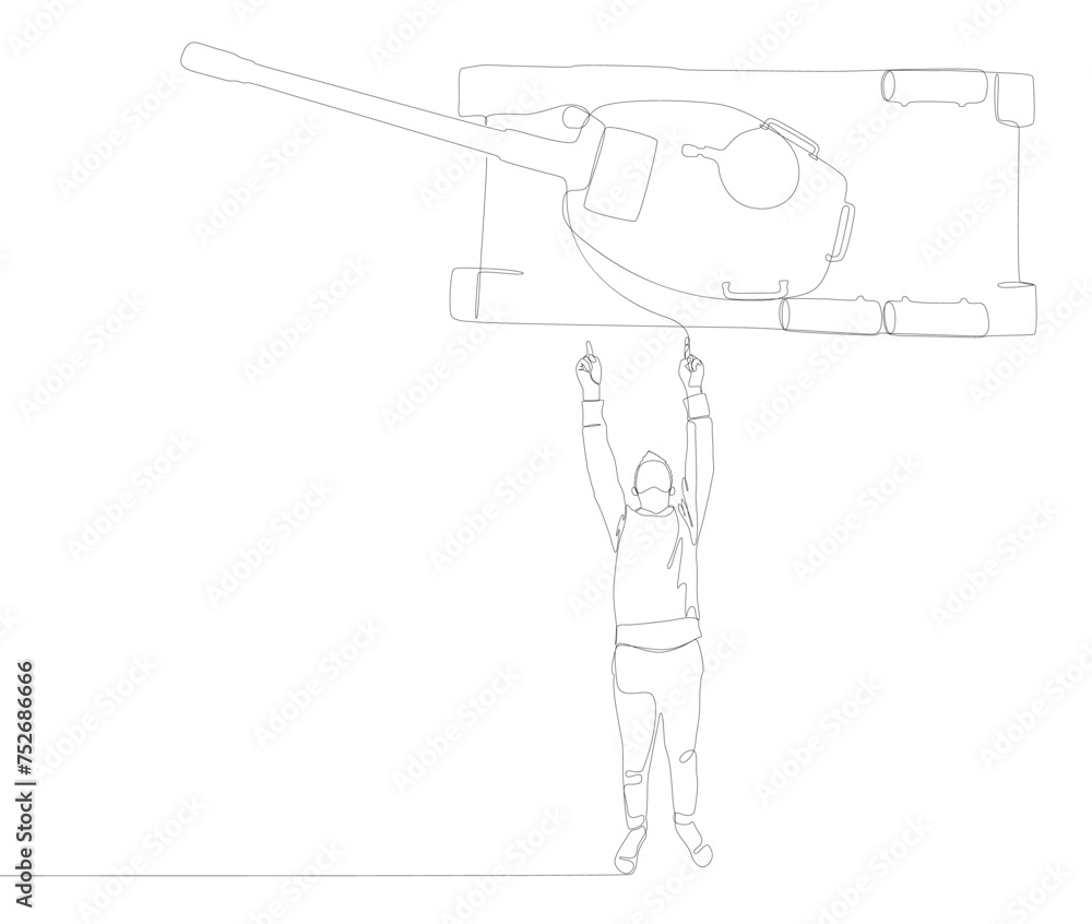 Aufkleber one continuous line of man pointing with finger at armored tank. thin line illustration vector conce